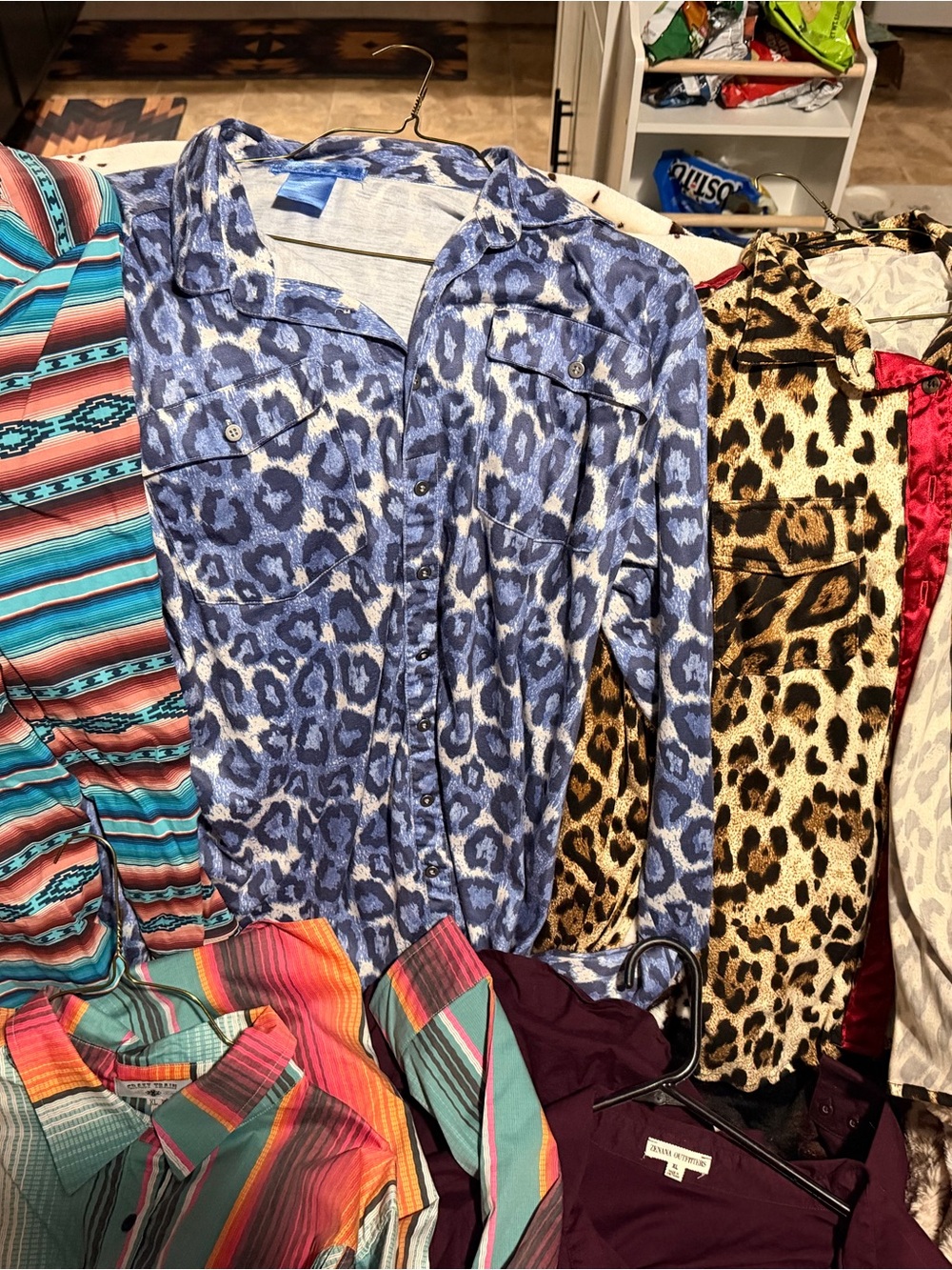 Blue Leopard Print Button-Up Shirt